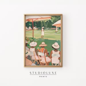 May include: A painting of a group of people sitting on chairs and watching a tennis match. The people are wearing hats and dresses. The tennis court is green and there are trees in the background.
