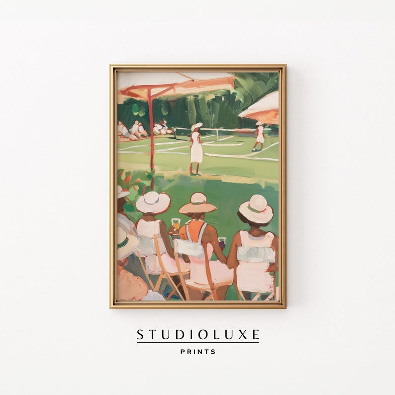 May include: A painting of a group of people sitting on chairs and watching a tennis match. The people are wearing hats and dresses. The tennis court is green and there are trees in the background.