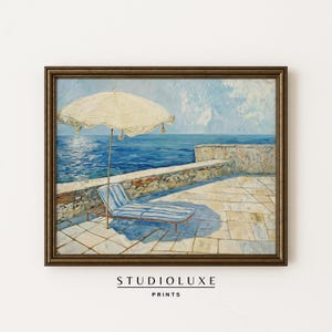 Italian Seaside Patio Print | Blue Parasol Ocean View Wall Art | Mediterranean Coastal Terrace Painting | Digital Summer Beach Decor