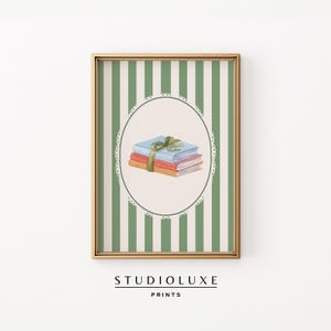Book Stack Wall Art, Green Bow Books Print, Cozy Reading Nook Decor, Pastel Library Art, Book Lover Gift, Trendy Apartment Decor