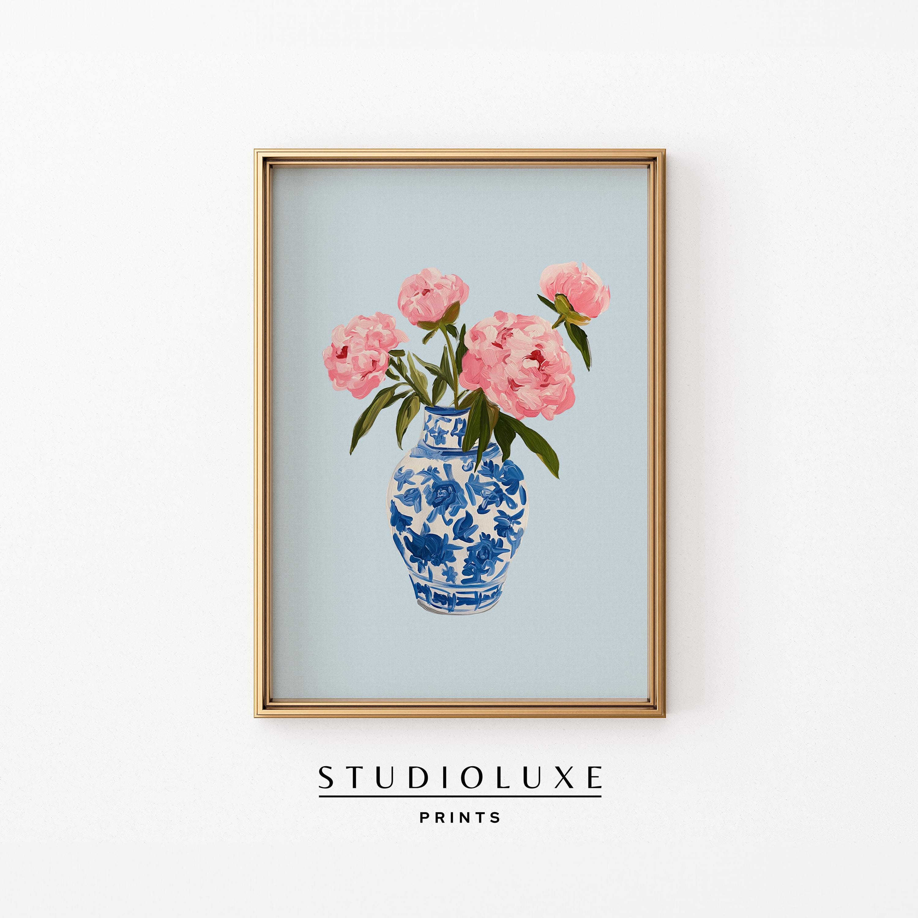 Peony Art Print: Blue Chinoiserie Vase, Grandmillennial Decor