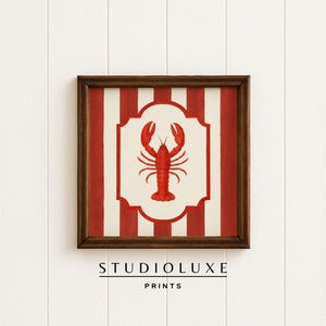 Coastal Lobster Art Print - Nautical Stripe Beach House Decor, Vintage Maritime Wall Art, Red Lobster Illustration, Printable Poster 44