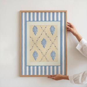 Blue Shell Wall Art, Vintage Coastal Pattern Print, Nautical Stripe Decor, French Beach Cottagecore Printable, Coastal Wall Art