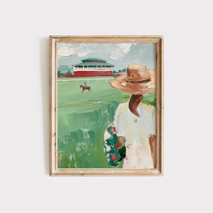 May include: A painting of a woman in a straw hat and a white dress, standing in a field with a red building in the background. She is holding a bouquet of flowers. A horse and rider are in the distance.