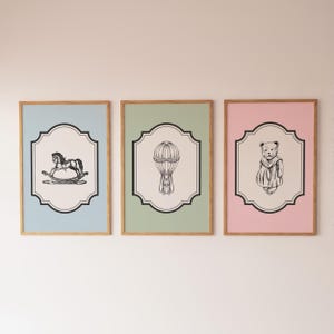 Juego de 3 cuadros de pared vintage para guardería, decoración de habitación de bebé, arte de pared imprimible, decoración de habitación infantil en tonos rosa pastel, azul y verde, descarga digital