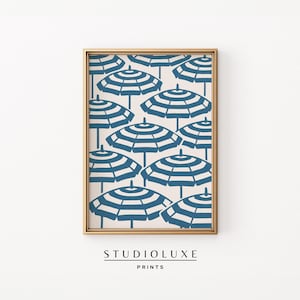 Blue Beach Umbrellas Wall Art – Coastal Granddaughter Digital Print, Summer Seaside Parasols Pattern, Retro Coastal Decor