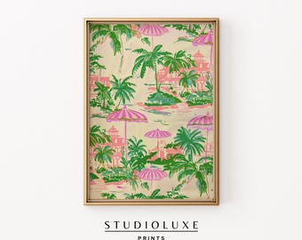 Palm Beach Toile Art Print: Pink & Green Tropical Coastal Decor (Digital Download)