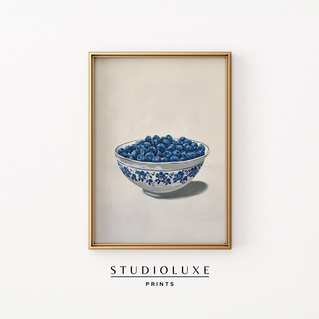 Blueberries Kitchen Print: Vintage Chinoiserie Fruit Oil Painting