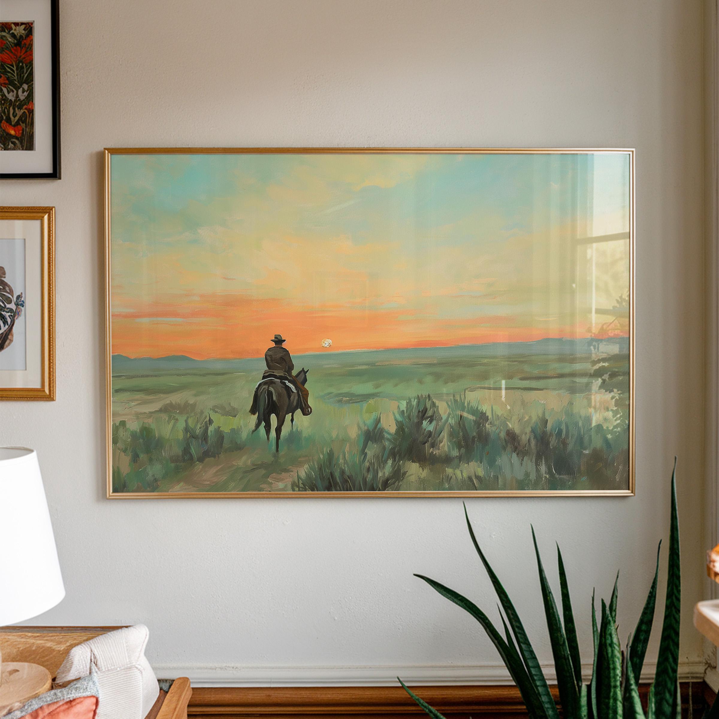 カウボーイ風景油絵：西部の馬の芸術（デジタルダウンロード） - Etsy 日本