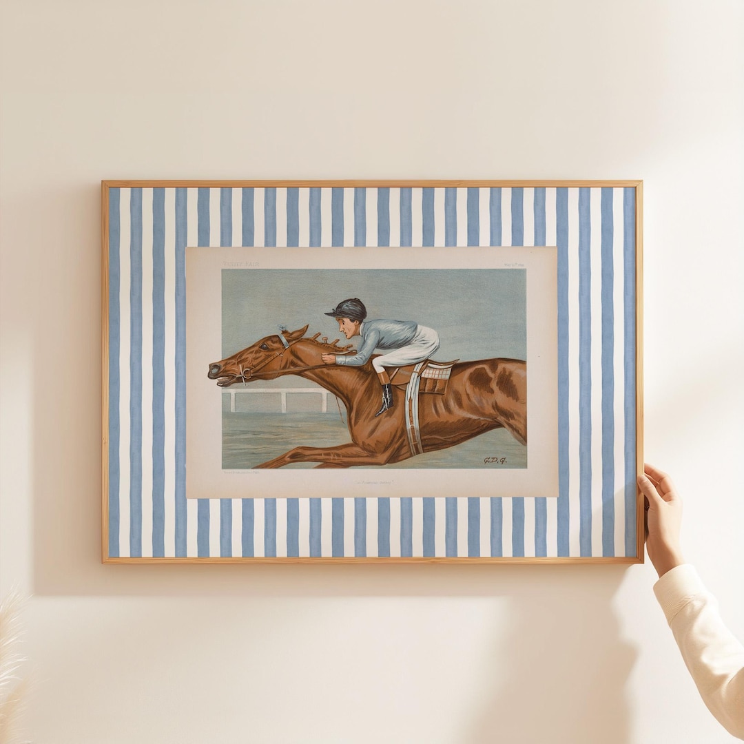 ヴィンテージジョッキー競馬プリント：ブルーストライプの馬術アート
