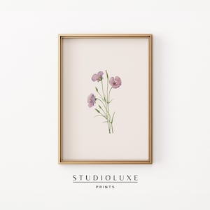 Lila Blumenwandkunst, Vintage botanischer Druck, lila Streifen Cottagecore Dekor, Frühlingsblumenplakat für Küche oder Eingangsbereich