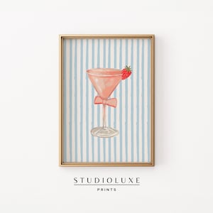 Coquette kamer decor, aardbei martini print, barwagen prints, AFDRUKBARE KUNST, kust kleindochter, roze girly trendy appartement decor
