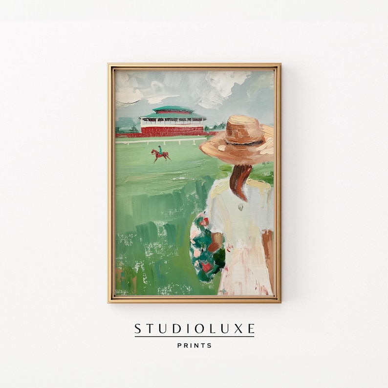 May include: A painting of a woman wearing a wide-brimmed straw hat and a white dress with floral details. She is standing in a field with a green background and a red building in the distance. The painting has a soft, impressionistic style.
