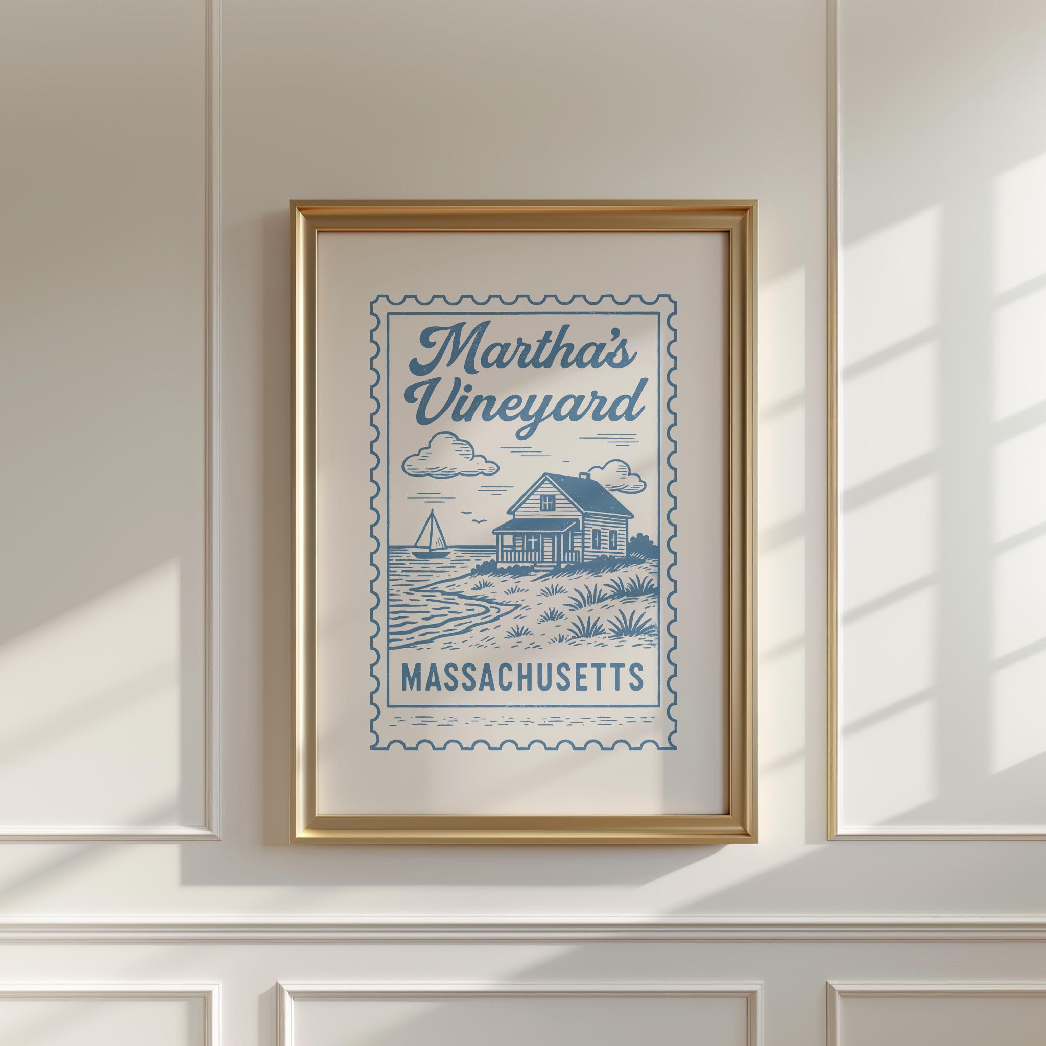 Martha's Vineyard Art Print: Vintage Coastal Stamp (digital Download ...