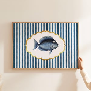 Blue Fish Wall Art Printable, Nautical Kitchen Decor, Coastal Striped Poster, Beach House Art Print, Vintage Sea Life Illustration