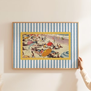 Vintage Beach Wall Art Printable, Coastal Granddaughter Decor Gift, Blue Stripe Summer Art, Digital Download, Trendy Apartment Wall Print