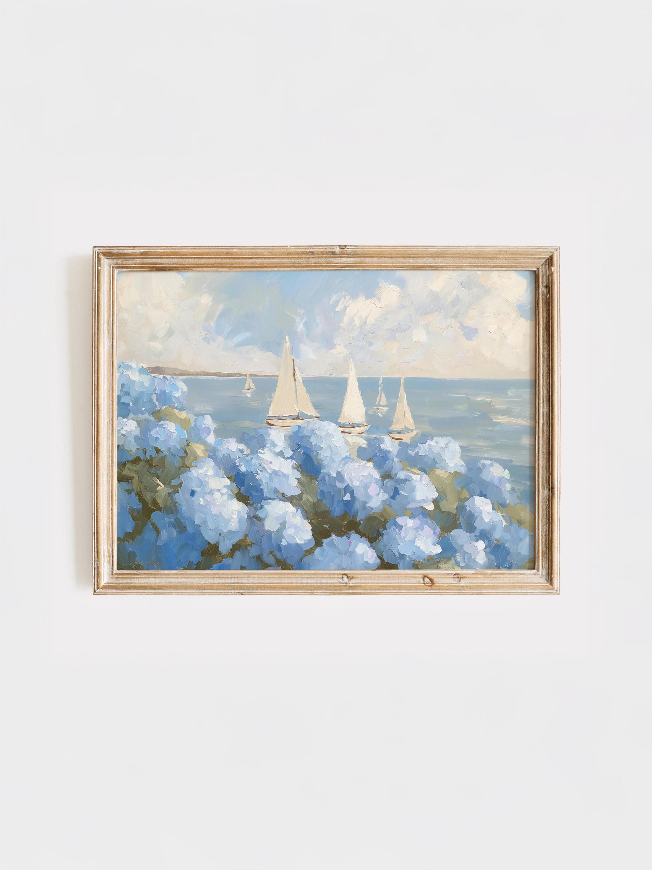 3 Sailboats Painting | Coastal Wall Art | Coastal Granddaughter Decor | Blue Hydrangeas Print | Kitchen Decor PRINTABLE ART | Horizontal Art
