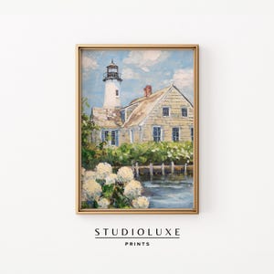 Lighthouse Beach House Wall Art, Coastal Hydrangea Print, Cottagecore Seaside Painting, Summer Nautical Home Decor, Coastal Landscape