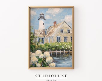Lighthouse Beach House Wall Art, Coastal Hydrangea Print, Cottagecore Seaside Painting, Summer Nautical Home Decor, Coastal Landscape