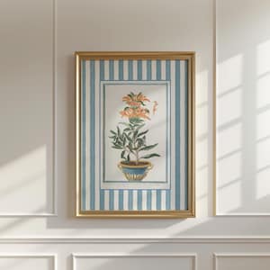 Lámina botánica vintage, arte mural de rayas azules, ilustración de flores en maceta, decoración de jardín francés, estilo Grandmillennial