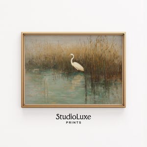 Tranquil Heron by Marsh in Vintage Style - Rustic Nature Scene, Earthy Wetlands, Coastal Cottagecore Decor, Printable Wall Art 241