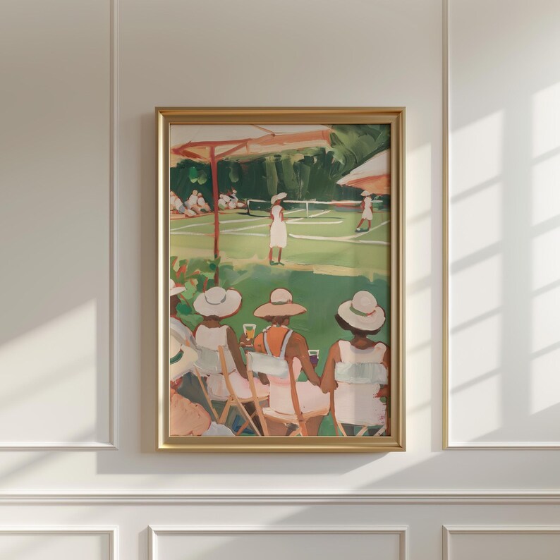 May include: A painting of a tennis match with people watching from the sidelines. The painting is in a gold frame and features a green tennis court, a group of people in white clothing playing tennis, and a group of people in white dresses and hats watching the game.