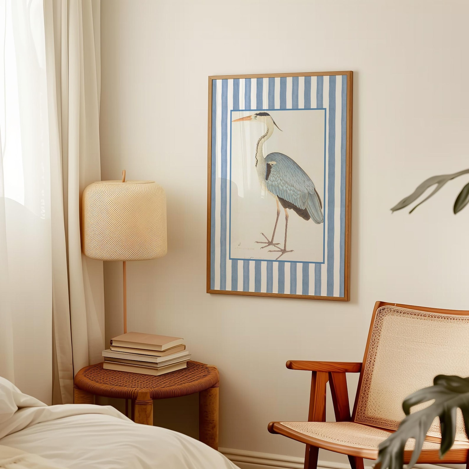 Blue Heron Wall Art, Coastal Bird Print, French Nautical Stripe Decor ...