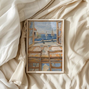 May include: A painting of a window view with two sailboats on a blue body of water. The window is open and there is a table with two mugs on it. The mugs have the word "GOOD" on them.