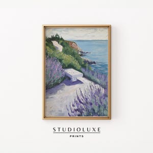 Arte mural costero de lavanda, arte mural floral, decoración moderna para apartamentos, arte mural morado, arte imprimible, descarga digital, póster de la costa francesa