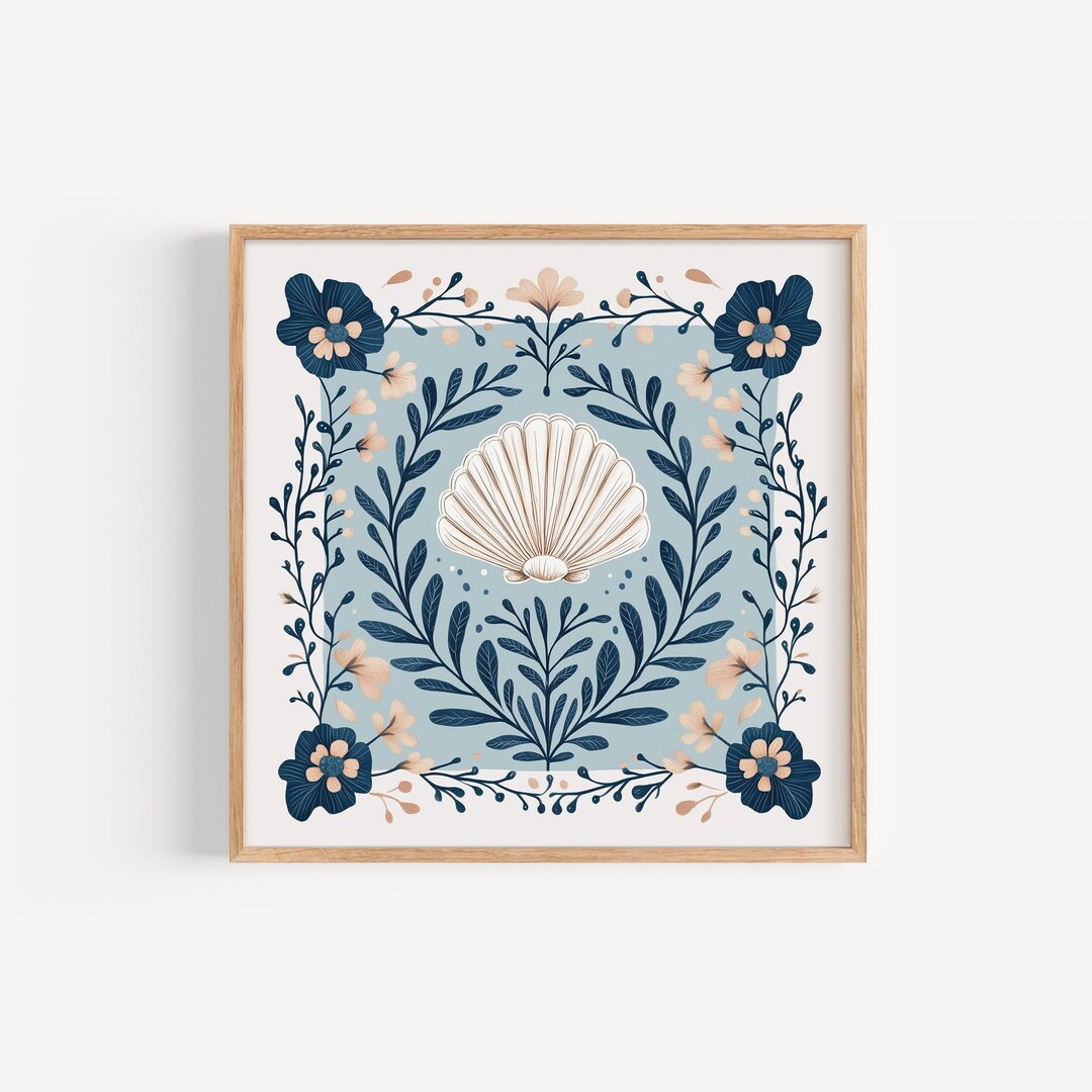 Coastal Seashell Wall Art for Bathroom Bedroom Nursery, Blue Floral ...