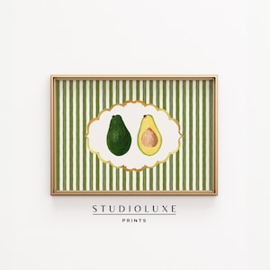 Avocado Kitchen Wall Art Print, Green Stripe Fruit Poster, Printable Retro Food Art, Brunch Kitchen Decor, Cute Avocado Duo Illustration