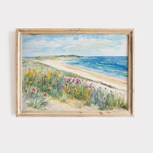 Wildflower Coastal Wall Art, Floral Ocean Landscape Print, Digital Watercolor Download, Beach Meadow Art, Summer Seaside Decor
