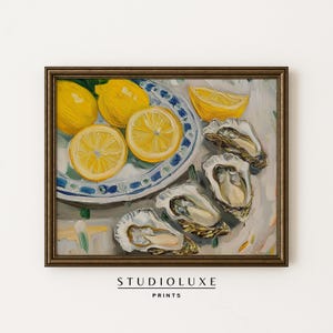 Coastal Kitchen Still Life Printable | Lemons and Oysters Art | Maritime Living Dining Decor | Vintage Plate Food Print | Digital Download