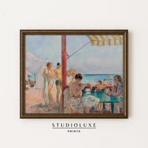 Maritime Living Painting | Vintage French Riviera Beach Cafe Print | Impressionist Coastal Summer Art | Seaside Café Wall Decor