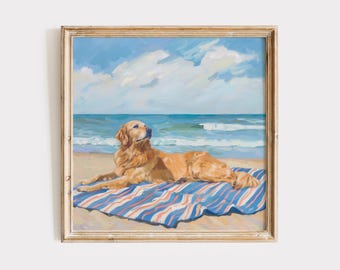 Pintura de un golden retriever costero: Arte playero (Descarga digital)