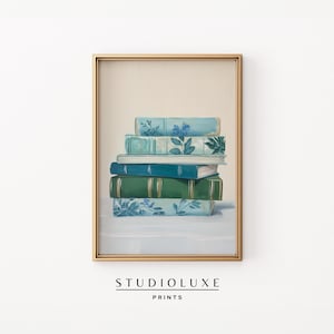 Vintage Book Stack Wall Art, Blue Green Books Print, Reading Nook Decor, Cozy Library Wall Art, Pastel Book Lover Gift, CottageCore Prints