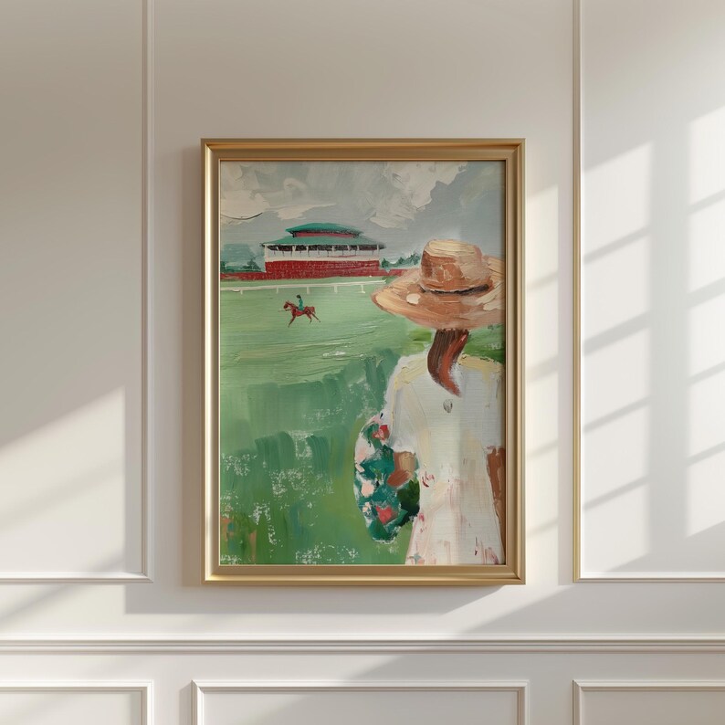 May include: A painting of a woman wearing a large straw hat and a white dress with floral accents. She is standing in a field with a green grassy background and a red building in the distance.