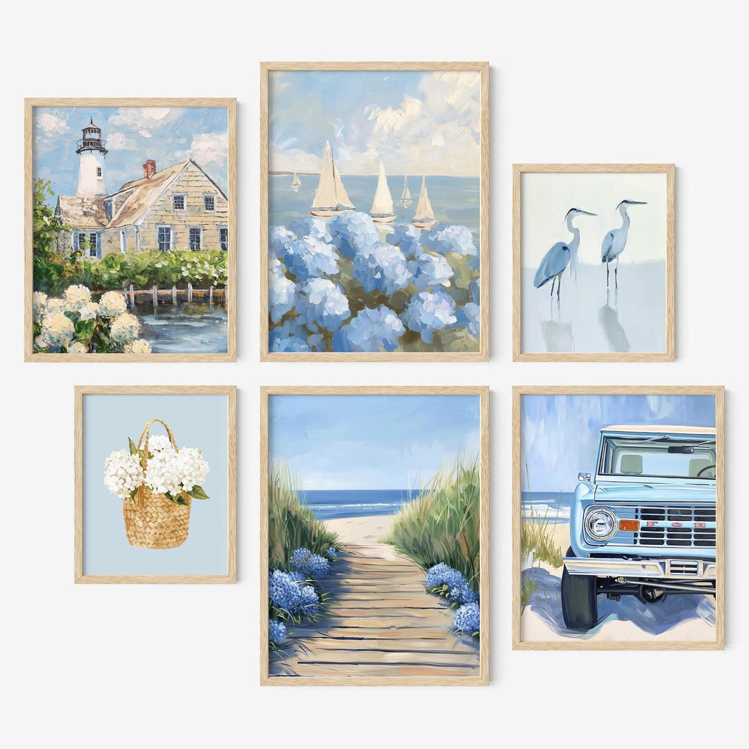 Coastal Gallery Wall Art Set of 6 for Above Bed Blue Beach Wall Decor ...