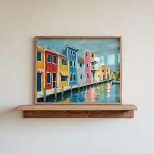 Colorful Coastal Row Homes Art Print | Beach Town Wall Art | Vibrant Coastal Decor | Waterfront Painting | Digital Download | Apartment Art