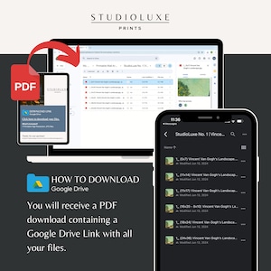 May include: A screenshot of a computer screen showing a Google Drive folder with a PDF download containing links to digital art prints. The folder is labeled "StudioLuxe No. 1 | Vincent Van Gogh's Landscapes". The prints are available in various sizes, including 5x7 inches, 11x14 inches, 11x17 inches, 16x20 inches, 18x24 inches, and 24x36 inches.
