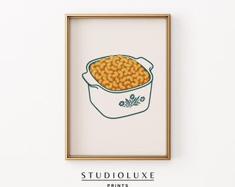 Mac and Cheese Print: Vintage Corningware Casserole, Retro Kitchen Art (Digital Download)