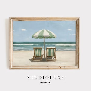 Sillas de playa verde salvia, pintura mural costera, impresiones de nietas costeras, arte imprimible para decoración de apartamentos de moda, paisaje horizontal