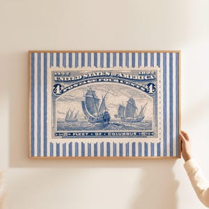 Küsten Stempel Wand Kunst Druck, Nautische Vintage Stempel Poster, Blau Gestreifte Maritime Dekoration, Historische Ozean Kunst für Beach House Style Printable