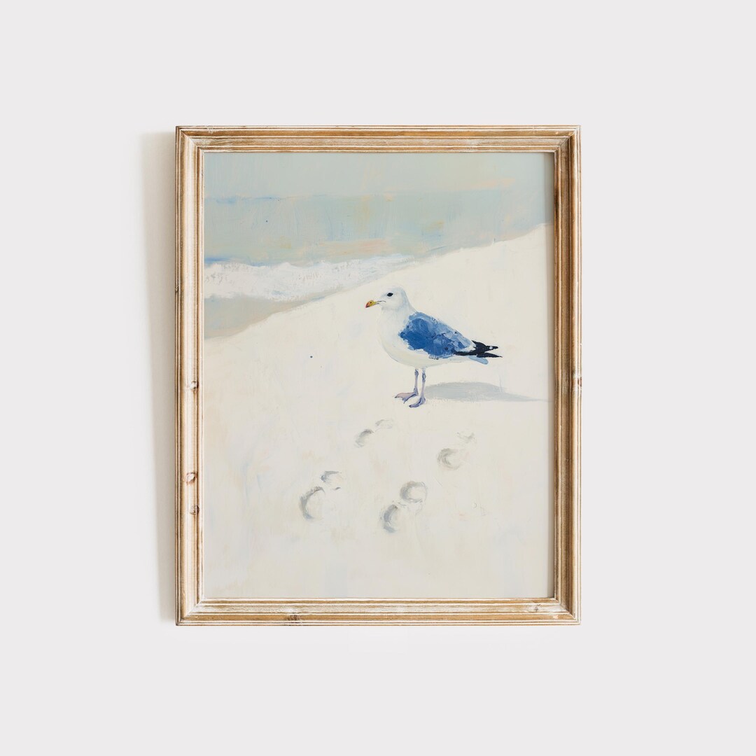 Coastal Seagull Wall Art Print, Minimal Beach Bird Painting, Soft ...