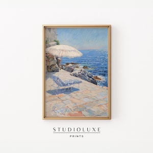 Italian Seaside Parasol Print | Coastal Wall Art | Mediterranean Patio Scene | Luxury Summer Decor | Printable Wall Art | Amalfi Coast Art