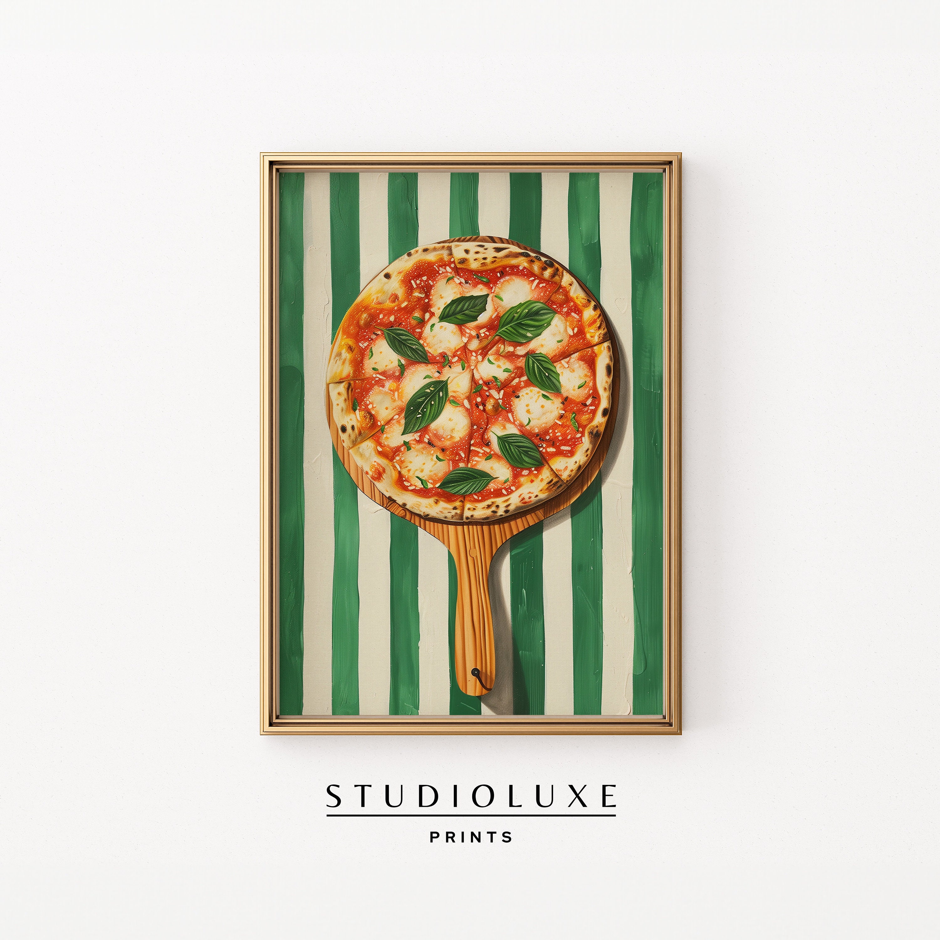 マルゲリータピザの絵画、イタリア料理のアート、キッチンの壁飾り