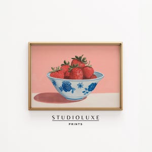 Strawberry Wall Art Printable, Coquette Kitchen Fruit Decor Gift, Pink Still Life Digital Download, Cottagecore Artwork, Trendy Food Print