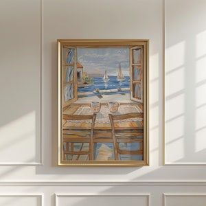 May include: A painting of a window view with two chairs and two mugs on a table. The window is open and shows a view of a blue sea with sailboats. The sky is blue with white clouds. The mugs have the word "2000" on them.