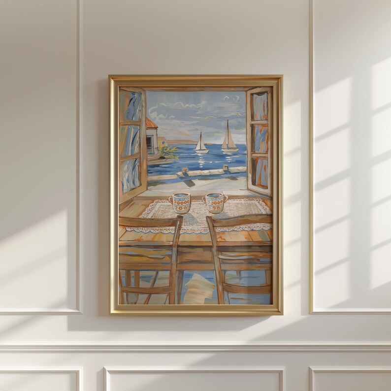 May include: A painting of a window view with two chairs and two mugs on a table. The window is open and shows a view of a blue sea with sailboats. The sky is blue with white clouds. The mugs have the word "2000" on them.