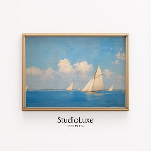 Printable Nautical Sailboat Scene - Vintage Ocean Wall Art, Serene Blue Seascape, Tranquil Summer Decor, Coastal Nautical Print 252